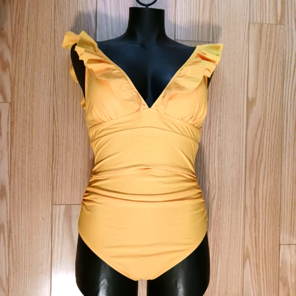 Cupshe yellow ruffle swimsuit one piece corset backing open back v-neck